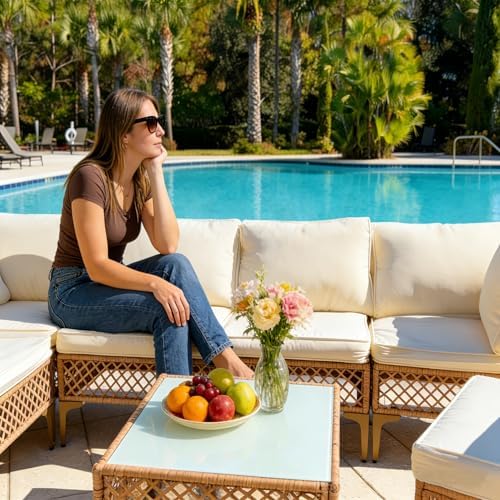 7-Piece Wicker Outdoor Patio Furniture Set | Beige with Thick Cushions for Backyard, Garden & Porch