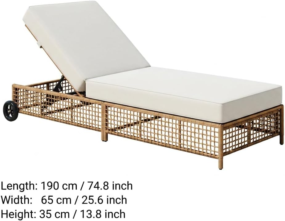 Outdoor Patio Chaise Lounge with Cushion, Acacia Wood and Wicker Sun Lounger, 5-Position Adjustable Backrest, Garden