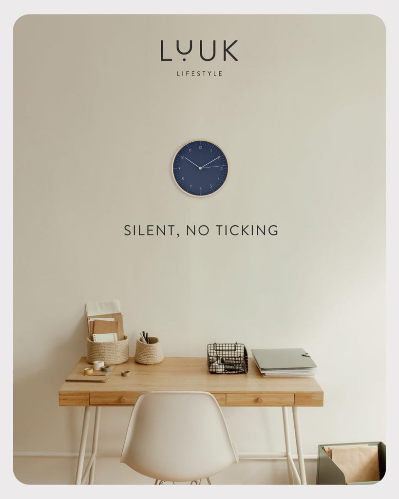 Modern Silent Quartz Wall Clock, 10in, Dark Blue & Gold