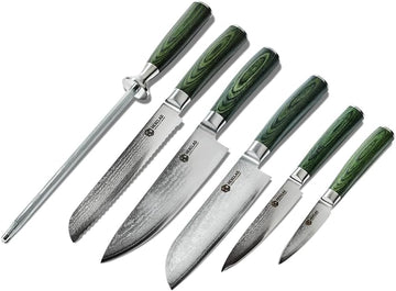 Green 6 Piece Japanese Damascus Stainless Steel Knife Set | Full Tang Construction, Pakkawood Handle, 67 Layers Steel