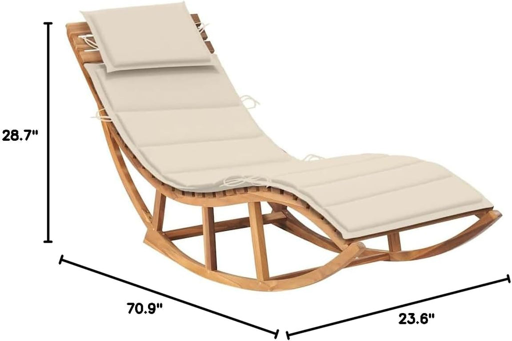Teak Chaise Lounge Outdoor, 70.9"x23.6"x28.7" Waveform Wood Sun Lounger with Rocking Motion, Thick Brown Cushion