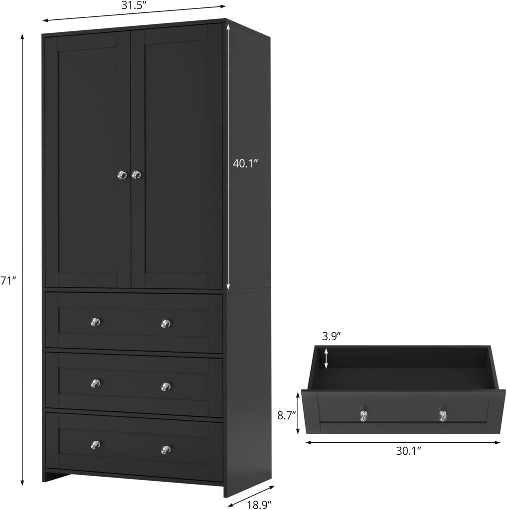 71" Tall Armoire Wardrobe Closet with Drawers and Mirror | Clothing Storage Cabinet with Hanging Rod, 2 Doors Wooden