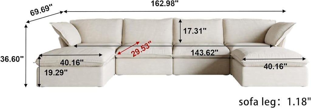 U-Shaped Couches for Living Room, Convertible Sectional Sofa, 162" Modern Deep Seat Soft Cloud Couch, Modular Sectional Sofas with Ottomans, Sofa Cover Removable(Beige)