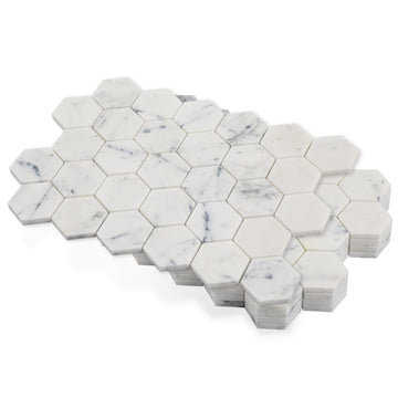 2 Inch Hexagon White Marble Mosaic Tile, Stone Tile Backsplash Bathroom Shower Wall Floor, Contempo Blue (5 Sheet