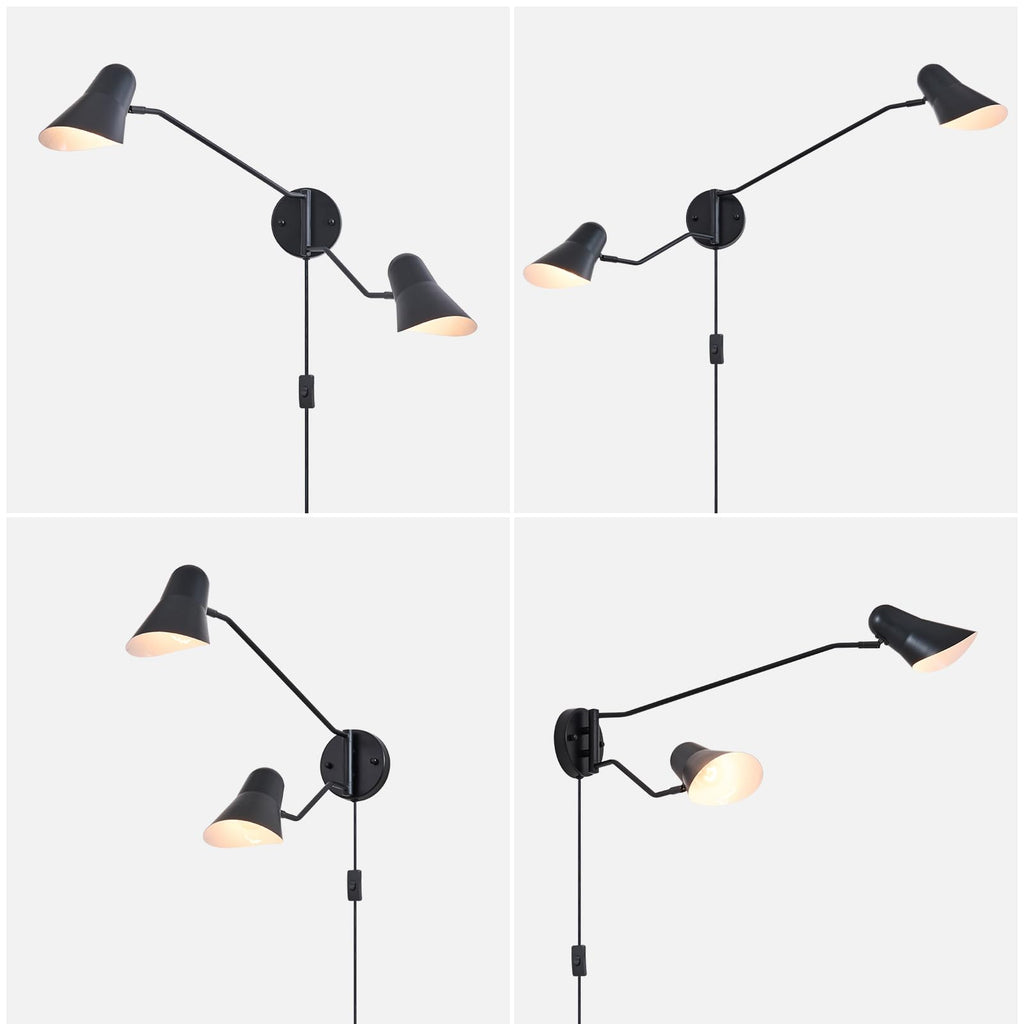 Modern 2-Lights Swing Arm Wall Sconces Black Plug in Wall Light 180° Rotatable Wall Mount Lamp with ON/Off Cord, E26