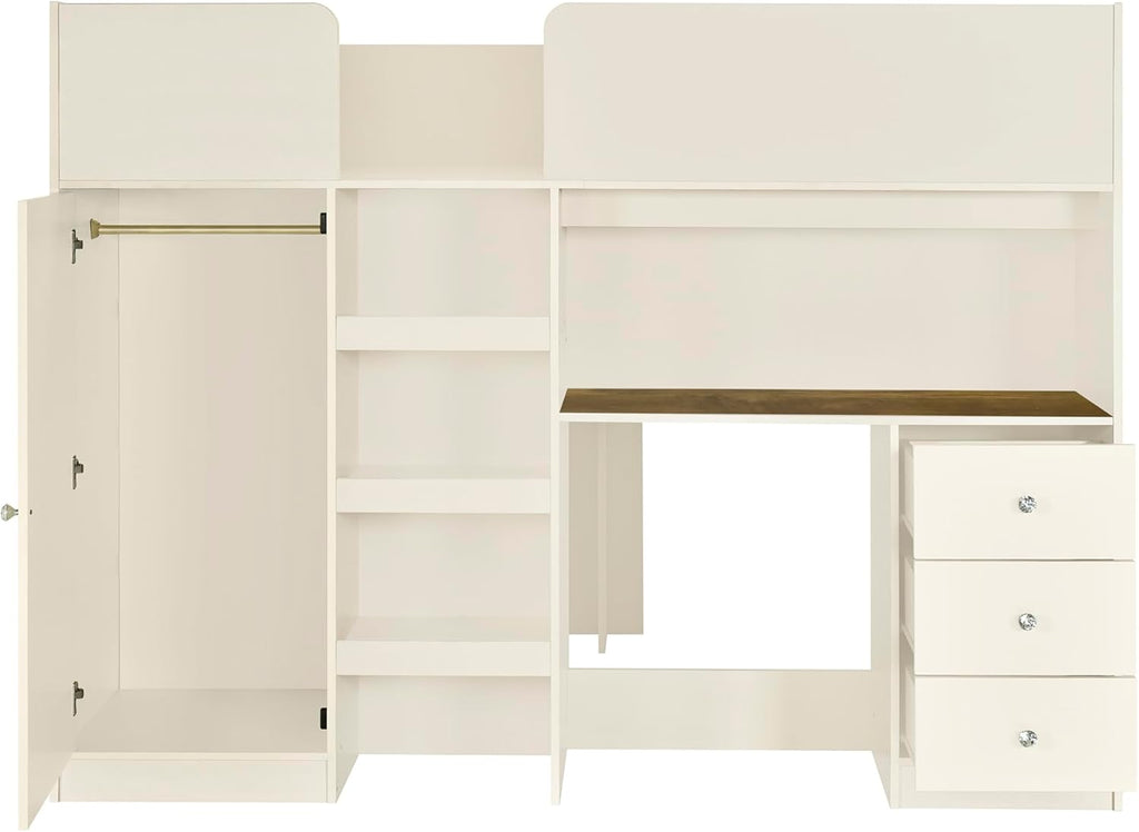 Full Loft Bed with Desk, Wood Full Loft Bed Frame with Built-in Wardrobe, Storage Shelves and Drawers, Beige