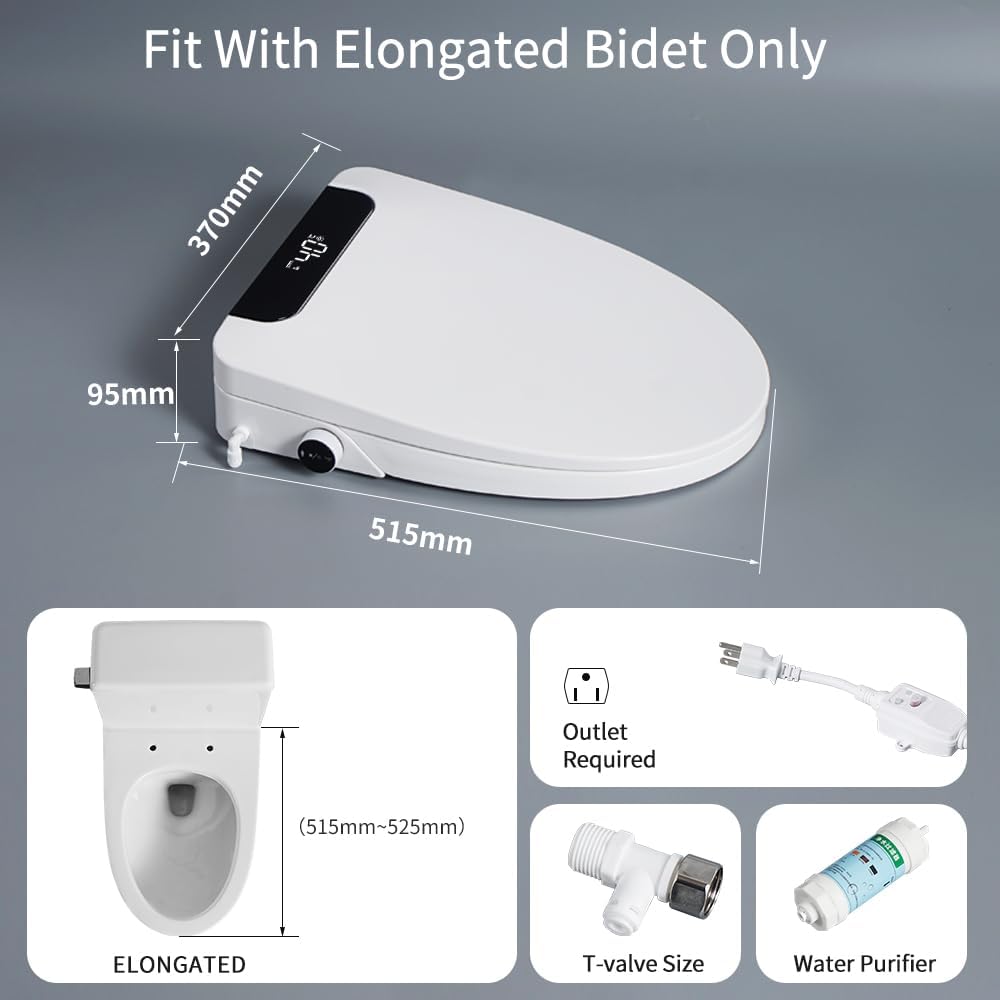 Heated Elongated Bidet Toilet Seat with LED Display, Remote Control, Soft-Close Lid, Warm Water, Air Dryer, Feminine Wash, Self-Cleaning Nozzle