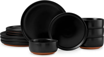 12-Piece Stoneware Plates and Bowls Sets, Dinnerware Sets for 4, Ceramic Dishware Dishes Set with Terracotta Base