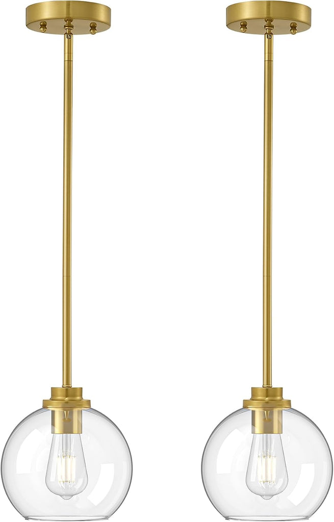 Pendant Light Fixtures 2 Pack with Clear Glass Globe Shade, Gold Kitchen Hanging Lighting Over Island, Hardwired
