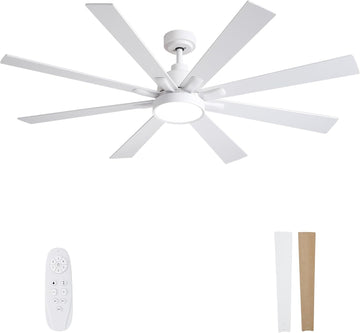 62" Ceiling Fan with LED Light and Remote - White / Light Natural Wood
