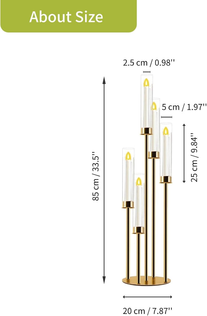 Candelabra Gold Centerpiece 5 Arms Taper Candle Holder Gold Centerpiece with Acrylic Tubes for Table Decoration
