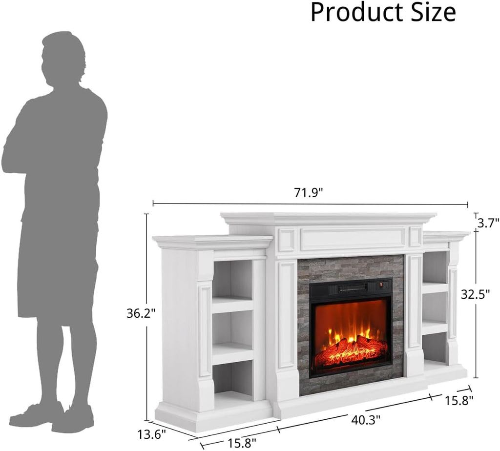 72" Electric Fireplace with Mantel and Cabinets, Fireplace TV Stand for Living Room Bedroom, Stacked Stone Surround