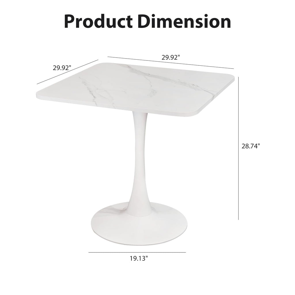 30" Square White Modern Dining Table - Faux Marble Tulip Kitchen Table with Heavy Duty Pedestal Metal Base