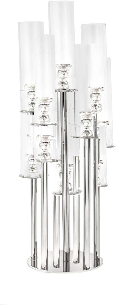 47" Tall - 10 Arms Clear Crystal Cluster Round Candelabra, Pillar Candle Holders with Mirror Base , Party Decorations
