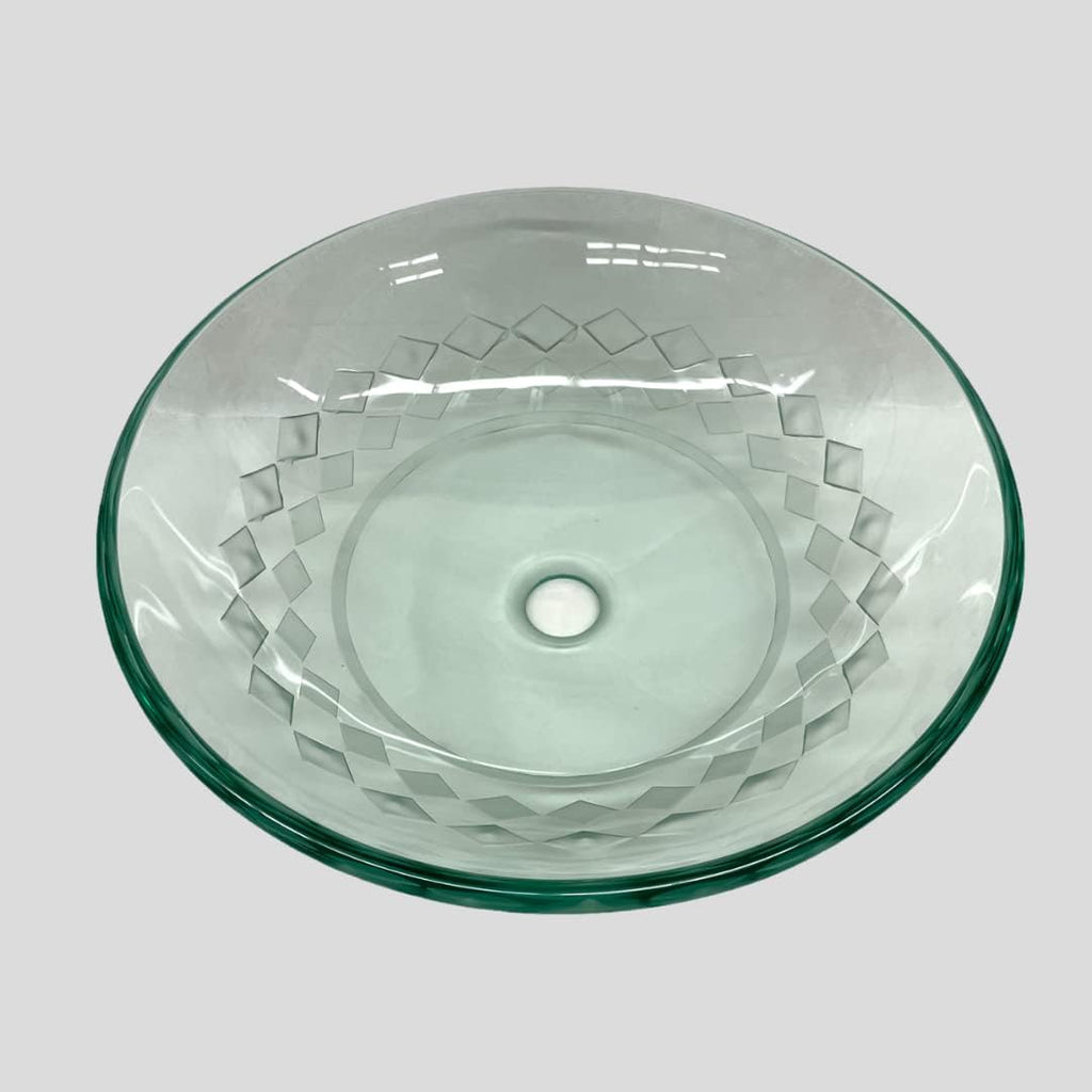 Elegant Handmade Round Circular Pattern Bathroom Sink Tempered Clear Glass Unique Carved Pattern Handmade Vessel Bowl
