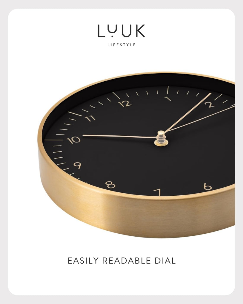 Modern Silent Quartz Wall Clock, 10in, Black & Gold