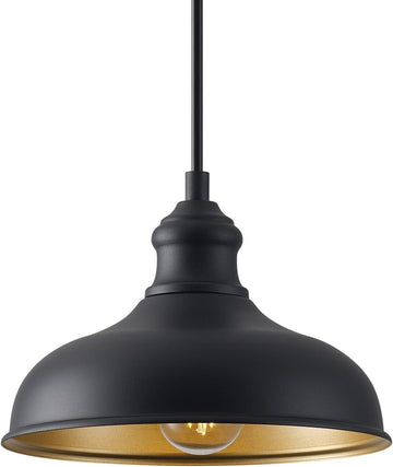 10in Dome Outdoor Pendant Barn Lights Black Kitchen Island Pendant Lamp with Brass Interior