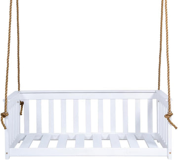 Charleston White Outdoor Daybed Swing with Ropes - Crib Size Porch Swing Bed Made from Acacia Wood