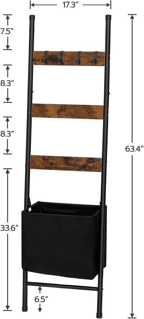 Blanket Ladder with Basket, 17.3"L x 63.4"H, Towel Rack with Hooks, Blanket Holder Rack, Decorative Ladder Shelf