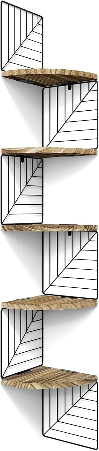 Corner Wall Shelf 5 Tier,Solid Wood,51" Tall,Carbonized Black | Easy to Install,Leaf-Shaped Floating Wall