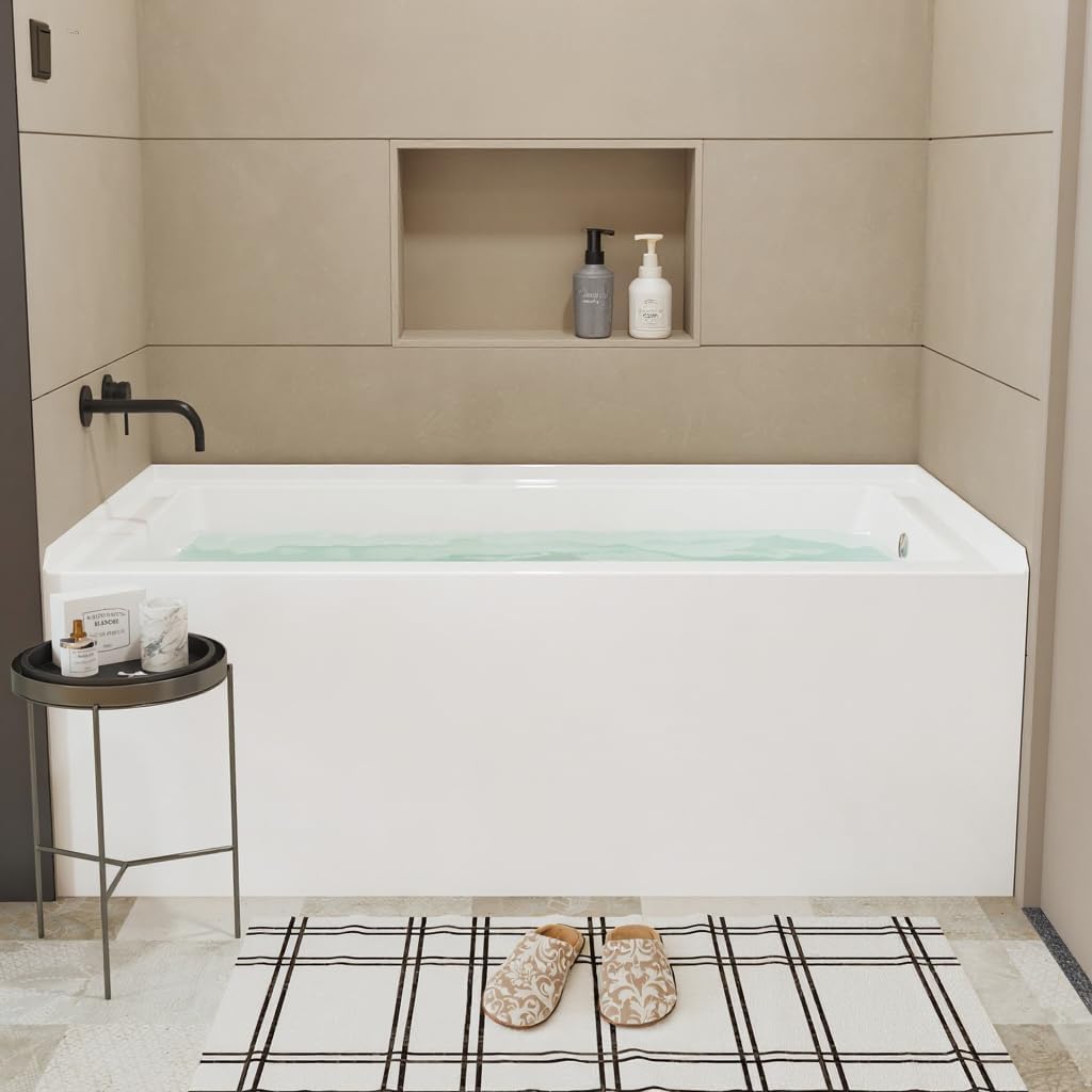 Acrylic Alcove Bathtub 60x30 Inch Rectangular Soaking Tub with Integral Apron Front, Right Drain Glossy White Brushed