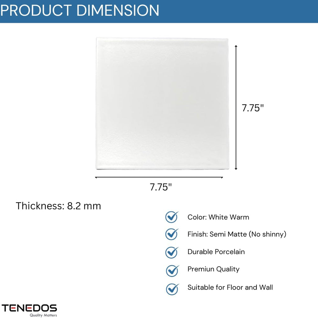 White 8x8 Subway Square Porcelain Floor Wall Tile Matte Finish (Box of 12.7 Sqft - 30 Pieces) for Backsplash Kitchen - Set of 30