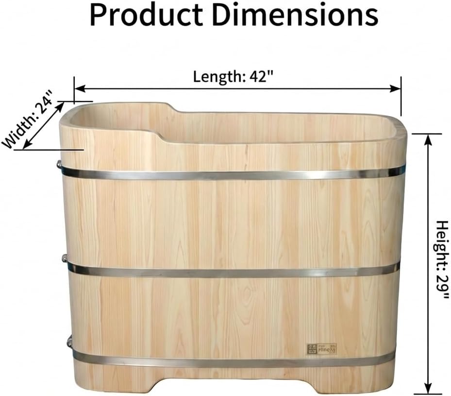 Premium Japanese Hinoki Wood Soaking Tub - 47.2" Freestanding Bathtub with Copper Drain