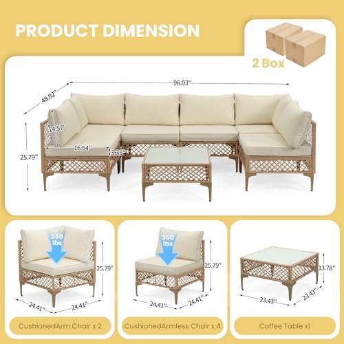 7-Piece Wicker Outdoor Patio Furniture Set | Beige with Thick Cushions for Backyard, Garden & Porch