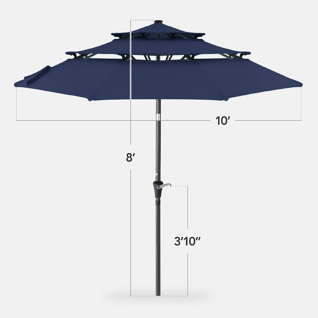 10ft 3-Tier Market Patio Umbrella, Outdoor Sun Shade with Tilt, Crank Lift, 8 Ribs - Navy Blue