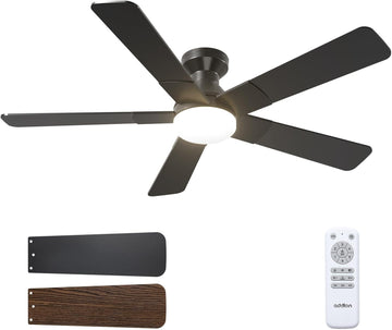 Ceiling Fans with Lights, 52 inch Low Profile Ceiling Fan with Light and Remote Control, Flush Mount, Reversible, 3CCT, Dimmable, Noiseless, Black Ceiling Fan for Bedroom, Indoor/Outdoor Use