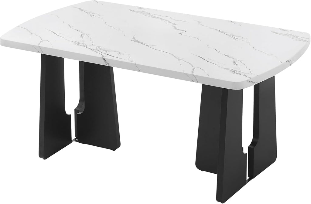 63" Faux Marble Dining Table for 6-8, Rectangular Kitchen Table with Unique Base, MDF Marble Look Top with Rubber