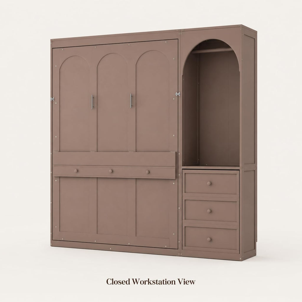Queen Murphy Bed with Storage Shelf and 3 Drawers, Multifunctional Hidden Wall Bed with Desk and LED Light for Small