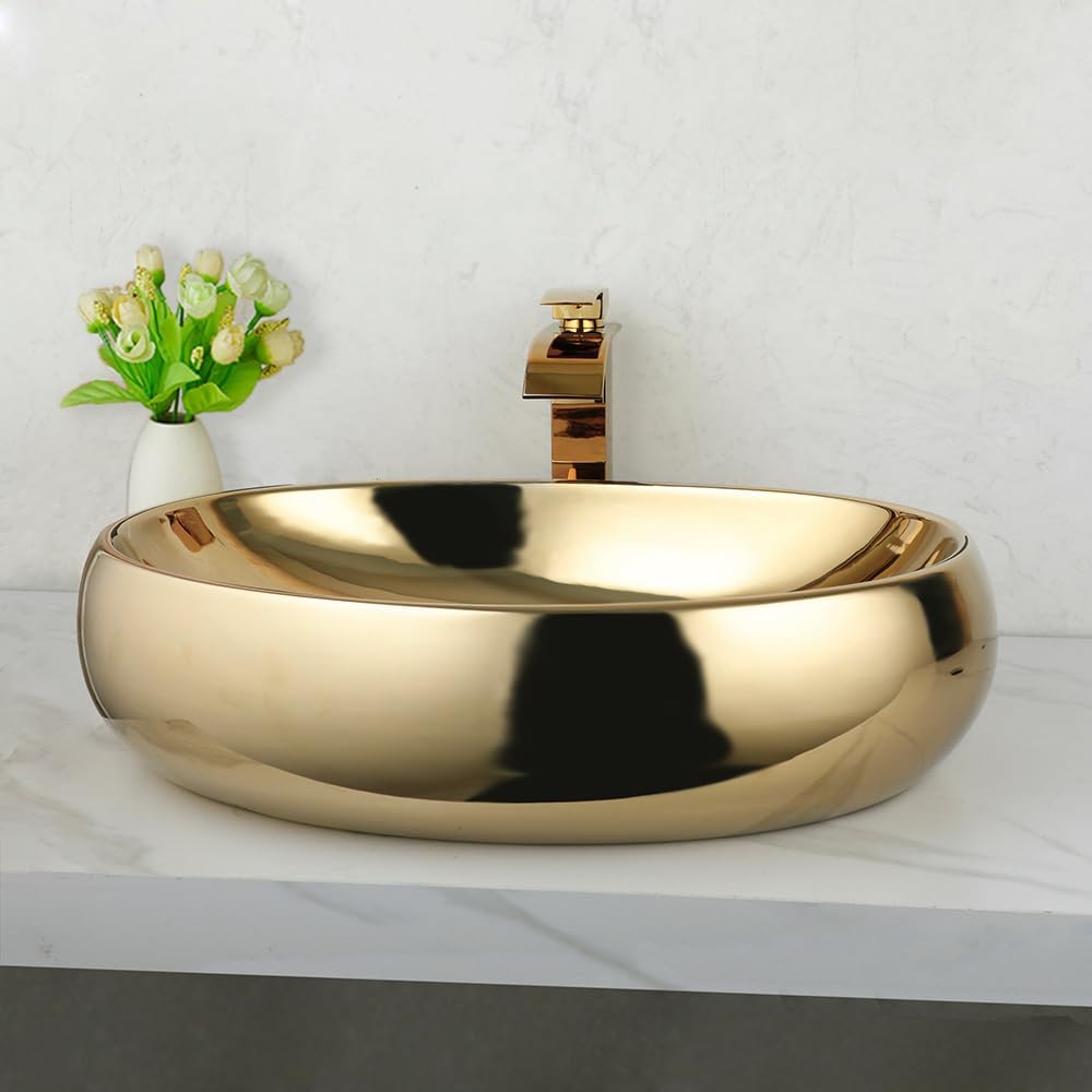 23 Inch Bathroom Vessel Sink with Waterfall Faucet and Pop-Up Drain Combo,Gold Ceramic Sink Bowl Modern Vessel Sink