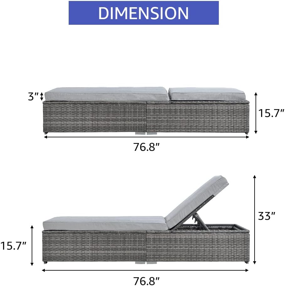 Outdoor Patio Chaise Lounge Chair, Grey Wicker, Light Grey | Reclining Adjustable PE Rattan Lounge Chair Sun Lounger