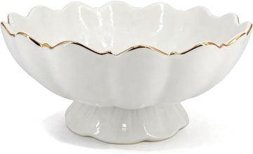 White Small Decorative Bowl 8 Inch Ceramic Key & Fruit Bowl Ruffle Lotus Shape with Gold Rim Candy Bowl, Multi-Use