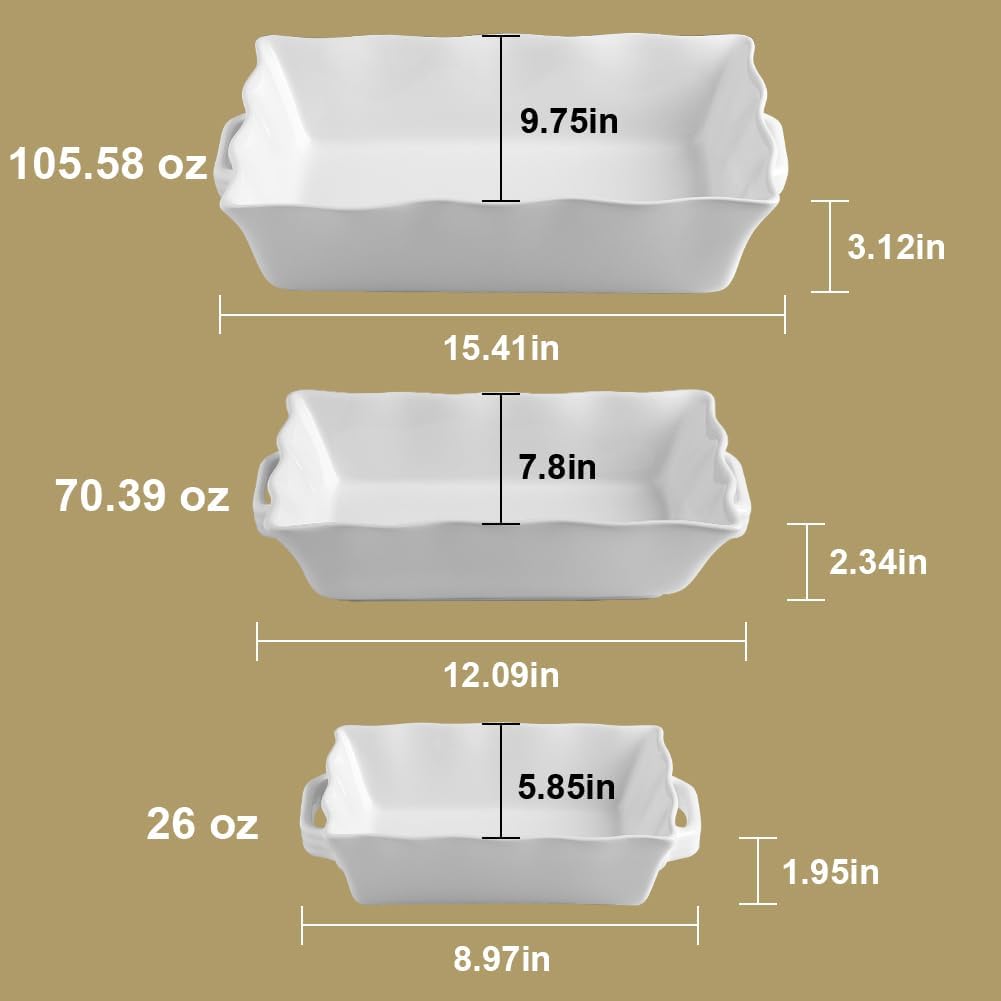 Casserole Dishes for Oven, Ceramic Bakeware Set of 3, Rectangular dish with Handles, Wave Edge Lasagna Pan Deep for