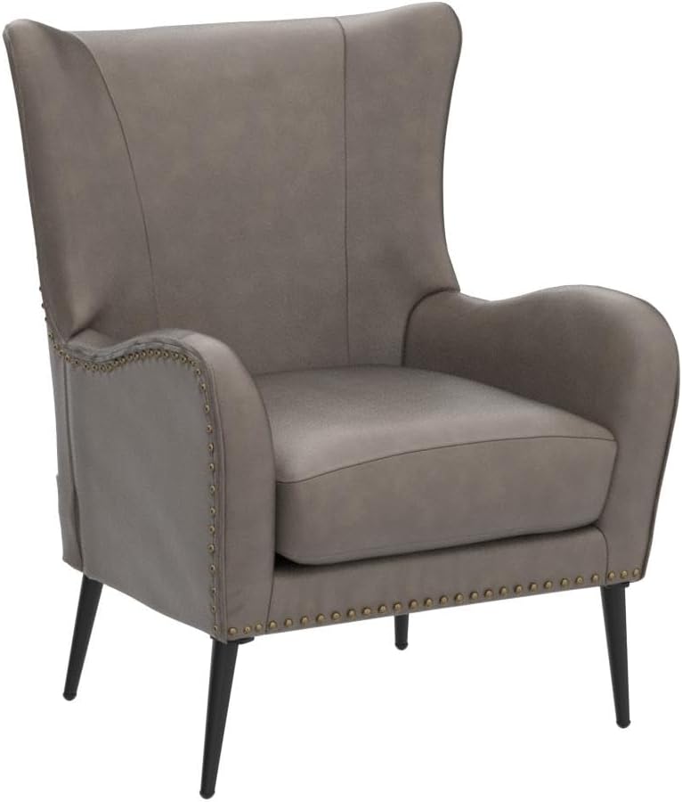 Faux Leather Accent Chair, Grey | Wingback design with removable cushion, nailhead trim, and metal legs , reading