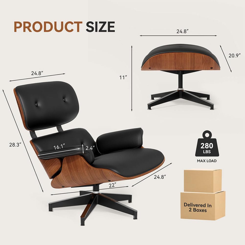 Modern Reclining Swivel Lounge Chair and Ottoman — Black Leather