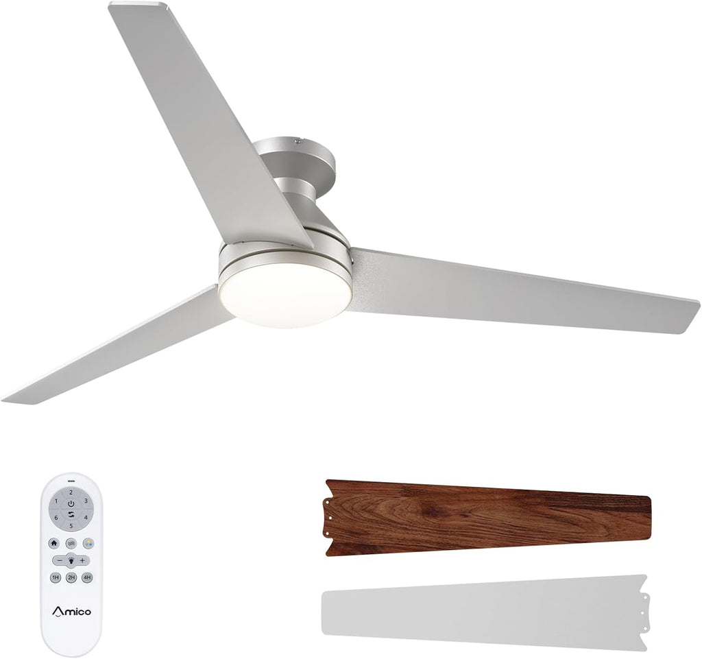 Ceiling Fans with Lights, 52 inch Low Profile Ceiling Fan with Light and Remote Control, Flush Mount, Reversible, 3CCT, Dimmable, Noiseless, Silver Ceiling Fan for Bedroom, Indoor/Outdoor Use A102-B0D87BJZ37