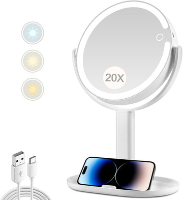 Makeup Mirror with Lights,20X Magnifying Mirror with Light and Touch Switch,Vanity Mirror with 3 Color Light and 80