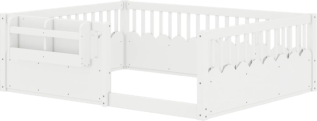Full Floor Bed with Bookshelf and Safety Guardrail, Full Size Montessori Floor Bed with Fence, Easy Assemble