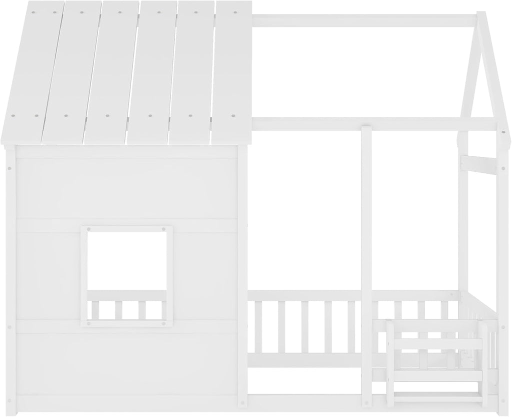 Tw Bed with LED Light and Bookcase, White House Bed for Kids with Rails, Roof and Window, Wood Twin Montessori Floor