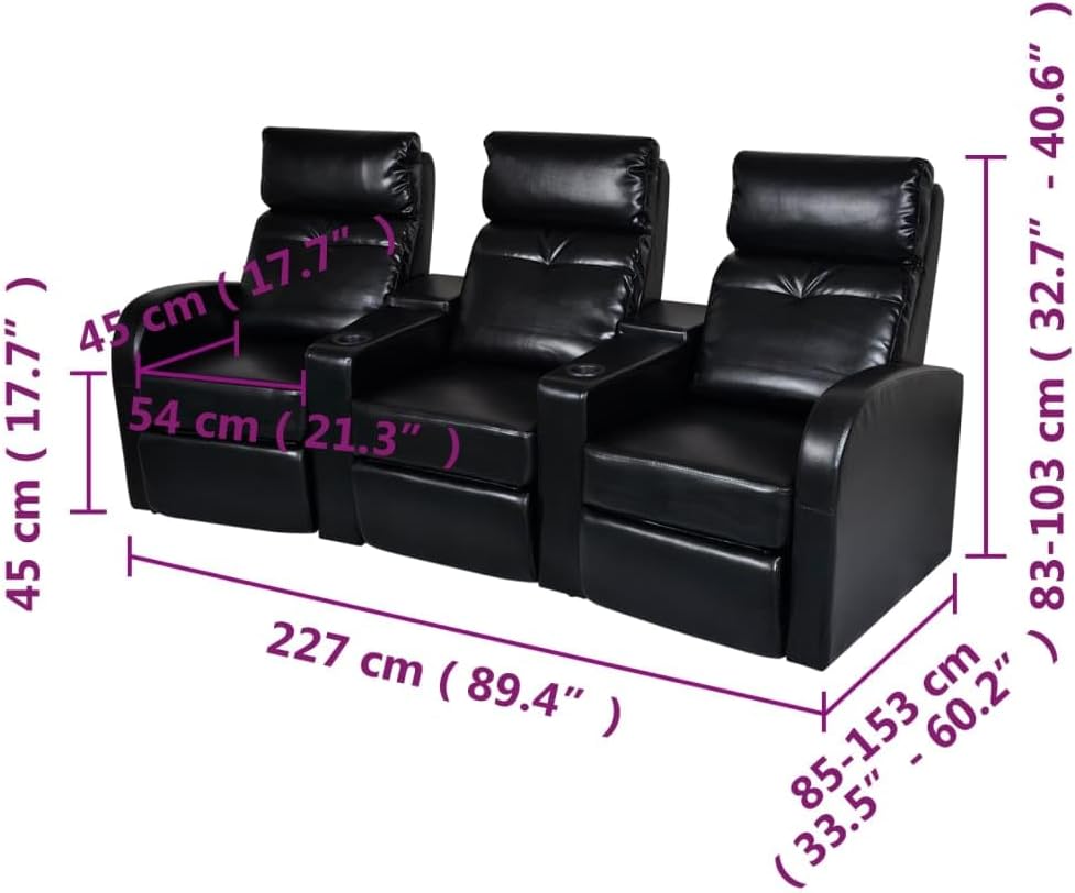 Sofa, 3 Seat Recliner Sofa with Adjustable Backrest, Upholstered Reclining Sofa Home Theater Seating, Modern Style, Black Faux Leather