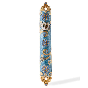 Mezuzah for Door with Scroll, Hand Painted Light Blue & Gold Enamel