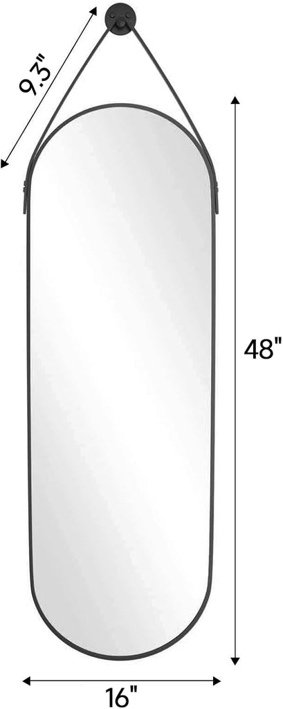 Full Length Mirror, Oval Wall Mounted Mirror, 48"x16" Door Mirrors Full Length with Hanging Leather Strap with Aluminum Frame for Bathroom Living Room Entryway (Black)