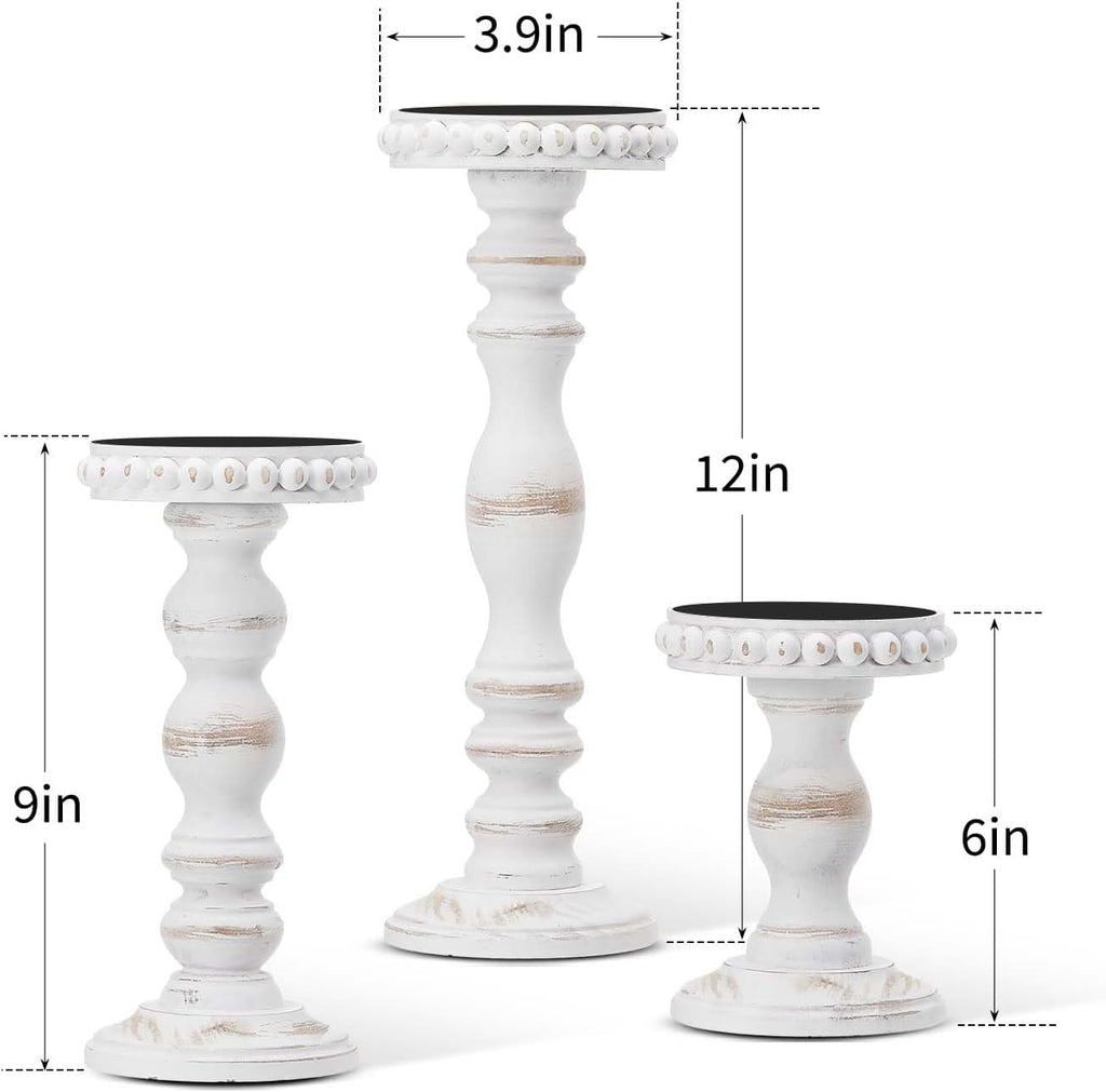 3 Pcs Candle Holders for Pillar Candles Rustic Farmhouse Home Decor Decorative Washed Beaded White Black Wood Candle