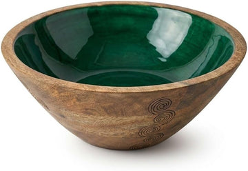 Wooden Decorative Bowl with Green Interior, Mango Wood Bowl Decor | Modern Fruit Bowl Counter; Hand-Carved Coffee