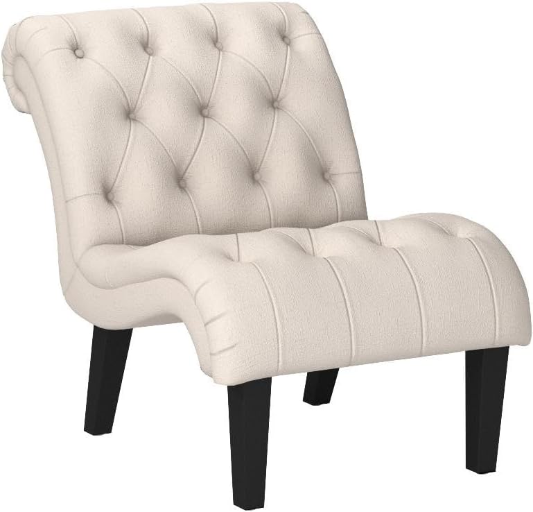 Mid Century Modern Accent Chair, Button Tufted Armless Lounge Chair, Upholstered Linen Side Chair with Solid Wood Legs