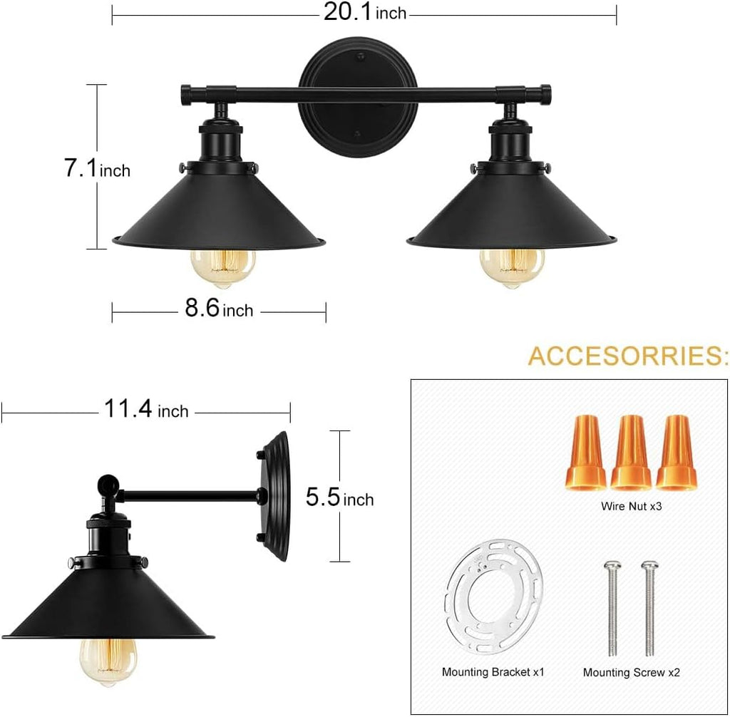 Black Bathroom Light Fixture, 2-Light Farmhouse Vanity Lights | Solid Metal, 20" Matte Black Bathroom Light Fixtures