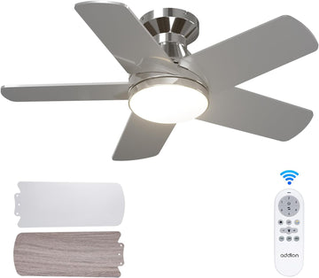 Ceiling Fans with Lights, 32 inch Low Profile Ceiling Fan with Light and Remote Control, Flush Mount, Reversible, 3CCT, Dimmable, Quiet, Nickel Small Ceiling Fan for Bedroom Indoor/Outdoor Use